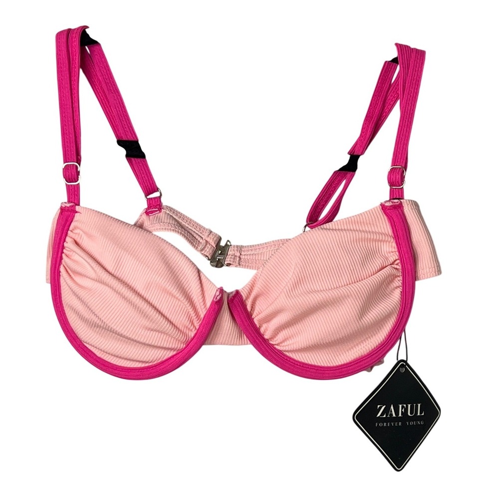 NWT Zaful Womens Small Pink Ribbed Bikini Top Beach‎ Vacation Tropical Summer